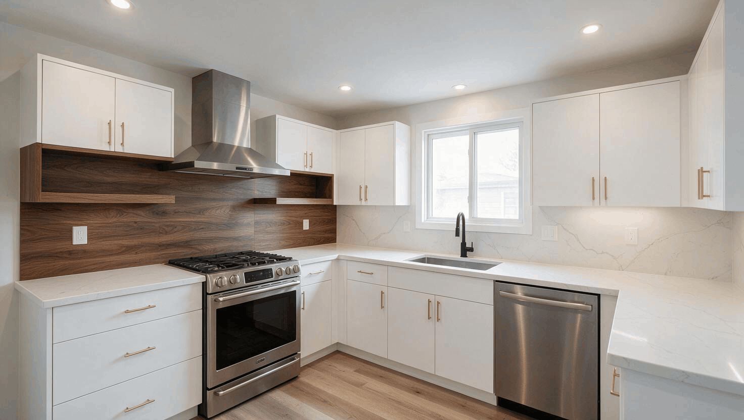 The same kitchen after, with new custom cabinets
