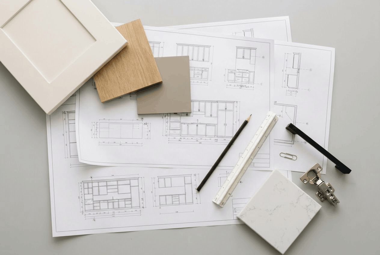Shop drawings and material samples for a designer