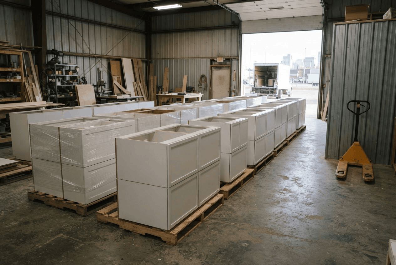 Cabinet boxes for a multi-unit building, ready for delivery