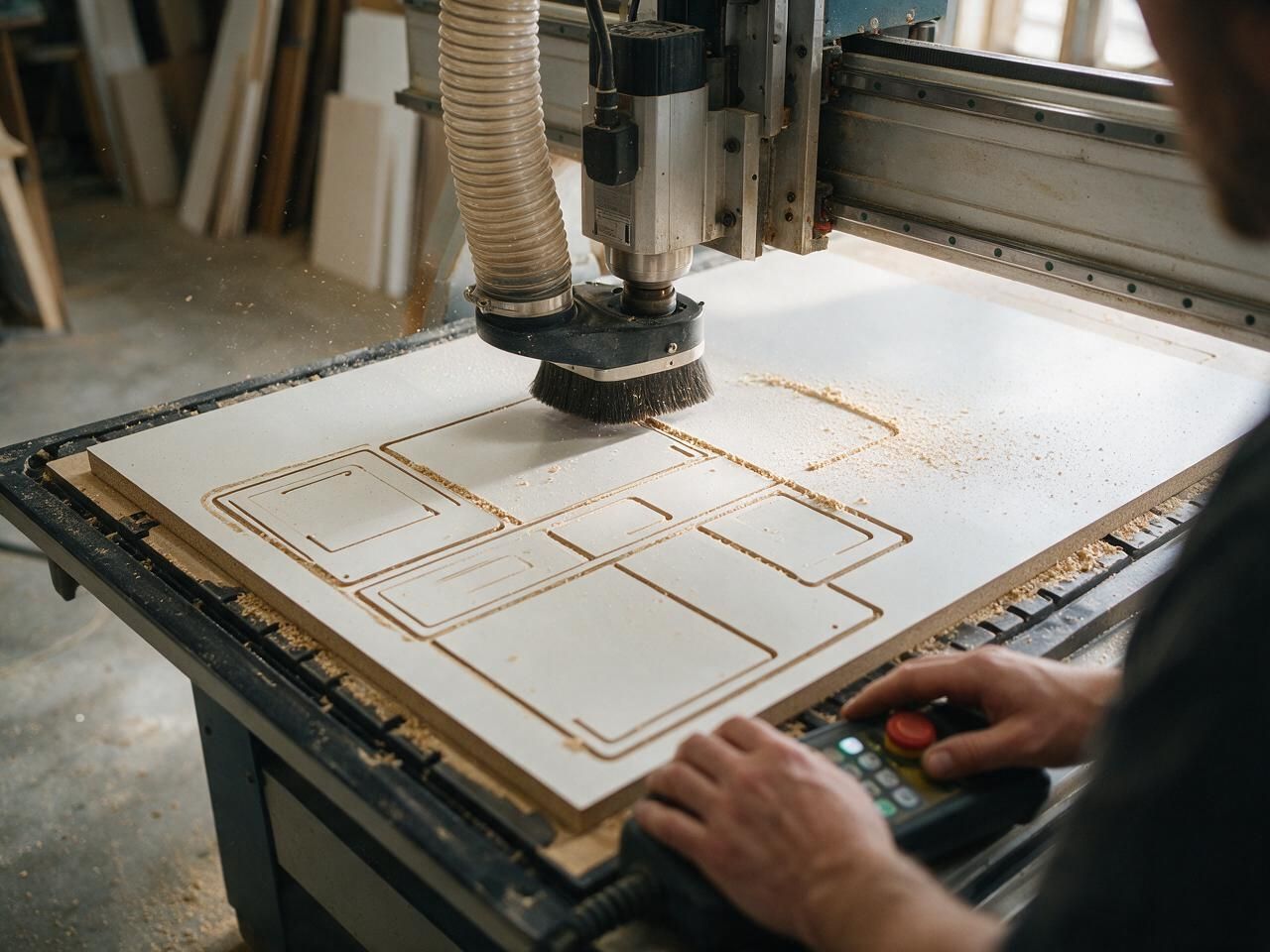 CNC router cutting custom kitchen cabinet parts in Edmonton