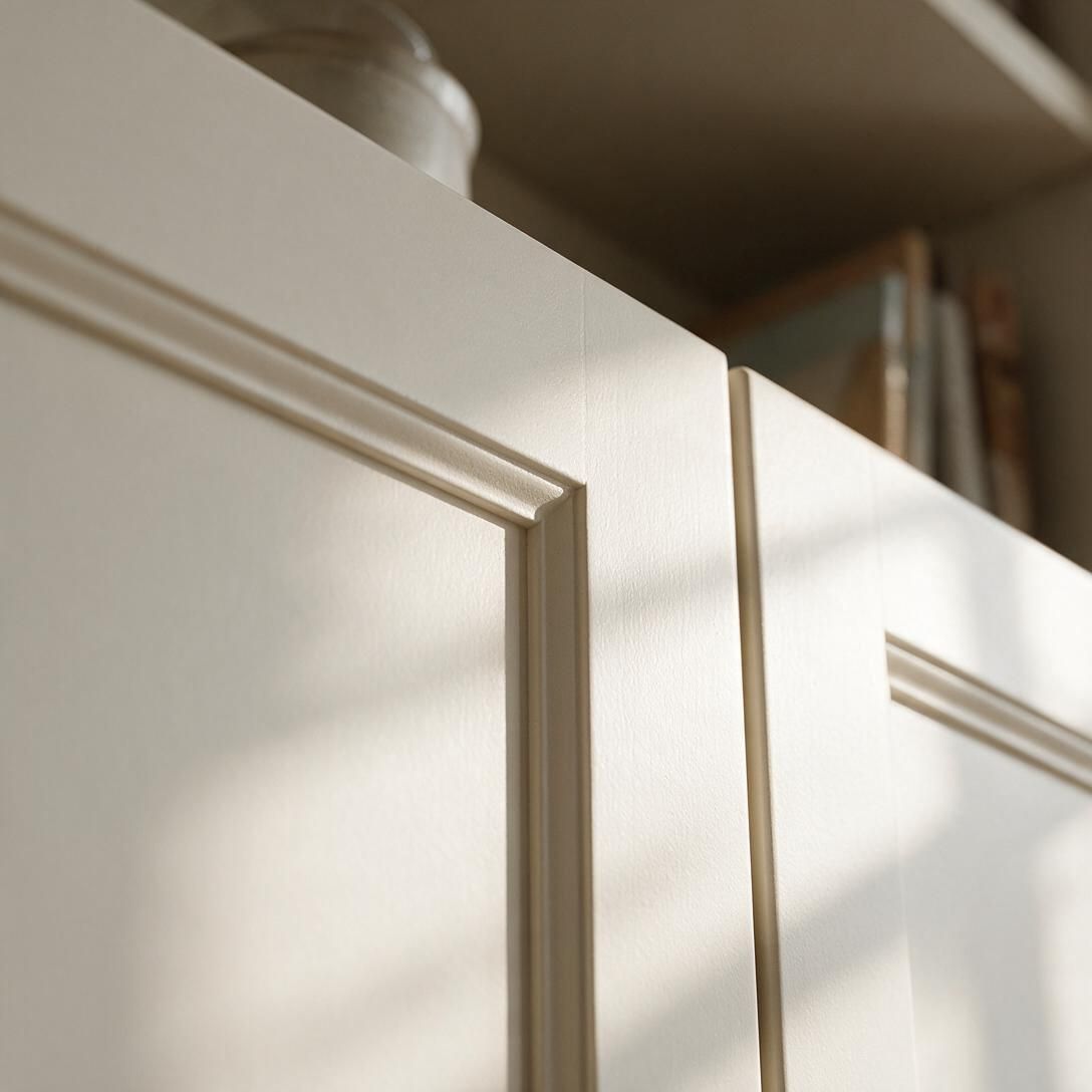 Painted shaker kitchen cabinet door, close-up