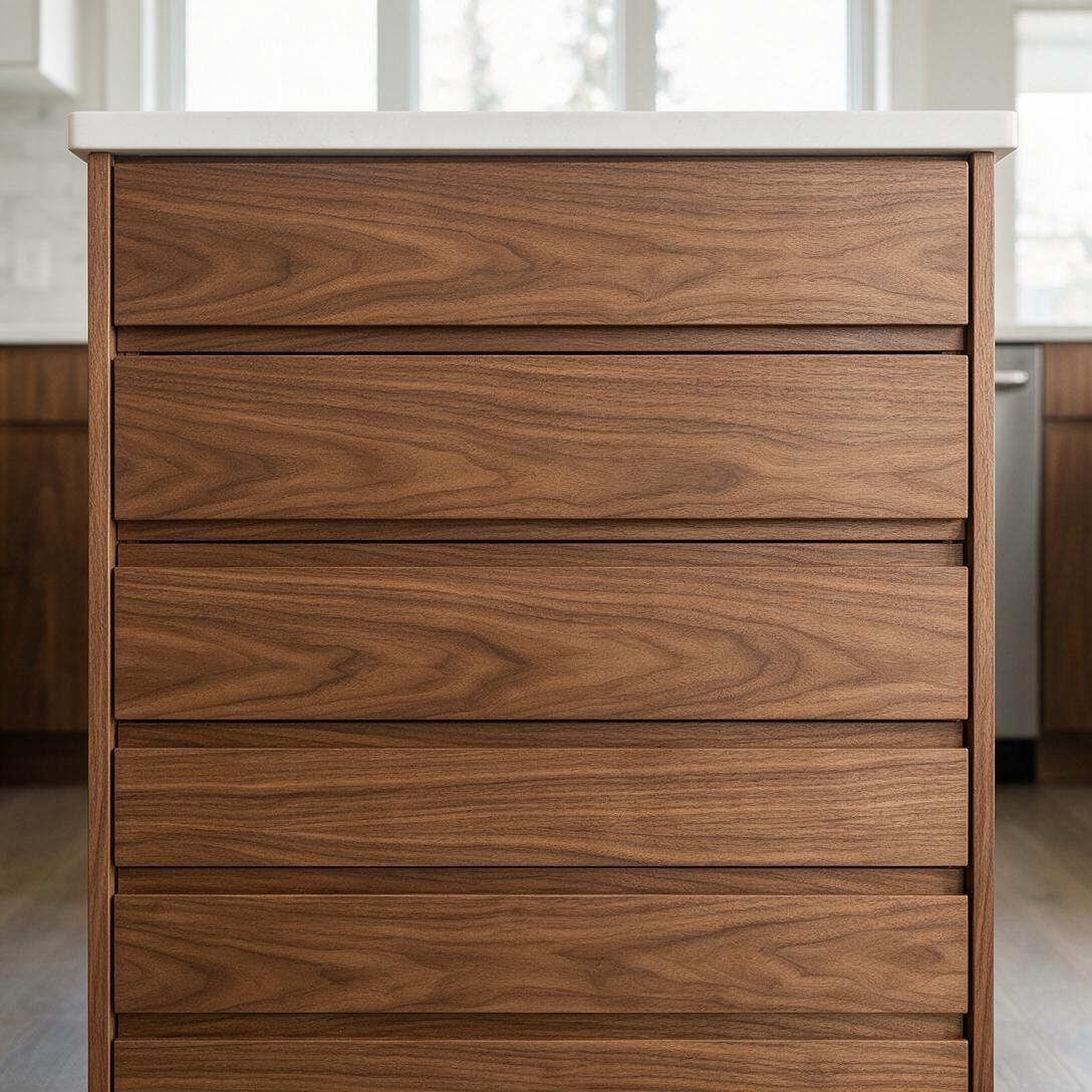 Walnut veneer kitchen cabinet doors with matched grain
