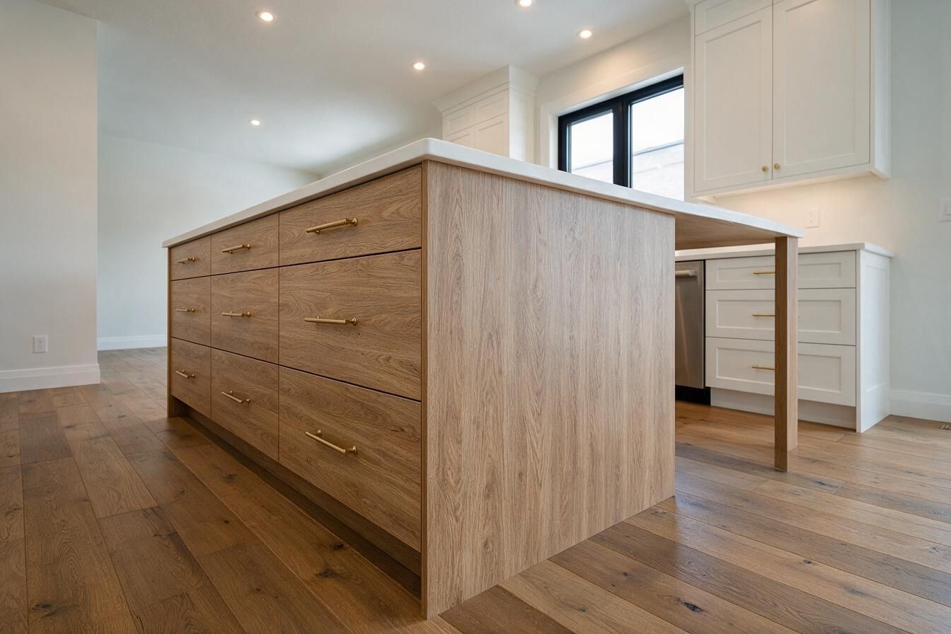 Custom kitchen island with drawers and seating