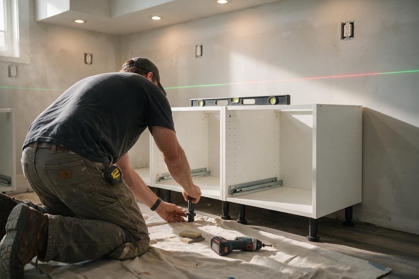 Installer levelling kitchen cabinets on install day