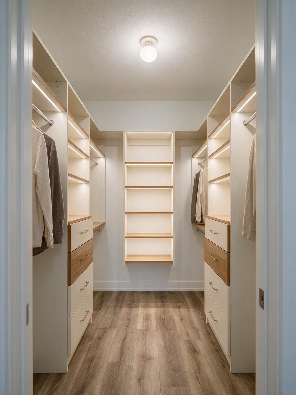 U-shaped walk-in closet with lit back wall