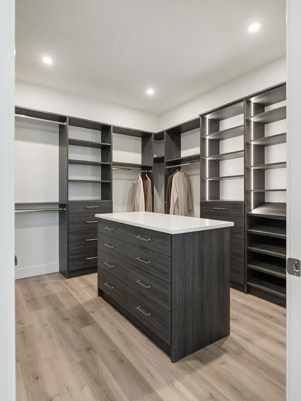 Luxury walk-in closet with drawer island