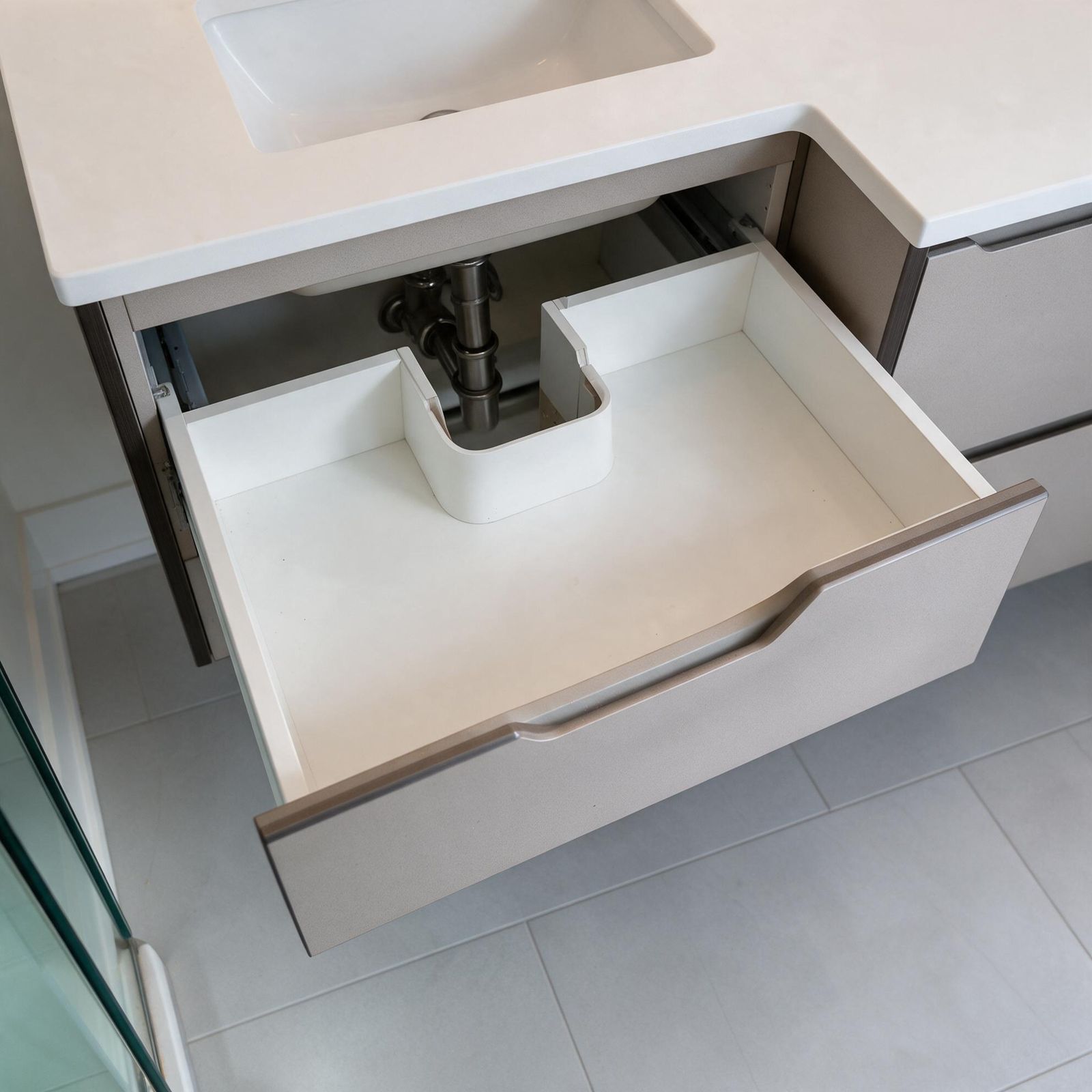 Bathroom Vanity in Edmonton: drawer with plumbing cut-out