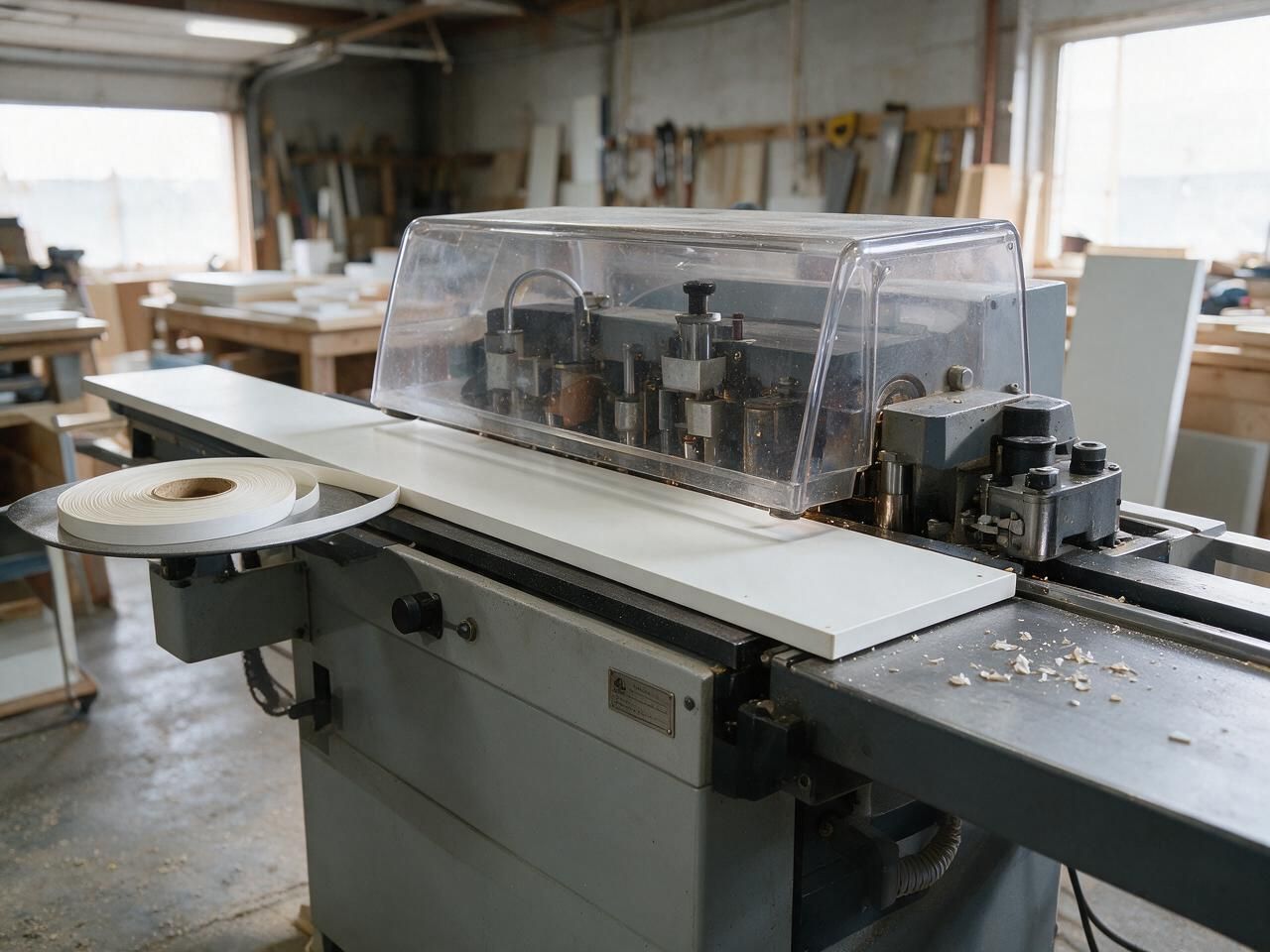 Edge-bander banding a cabinet panel at Boreal Kitchens