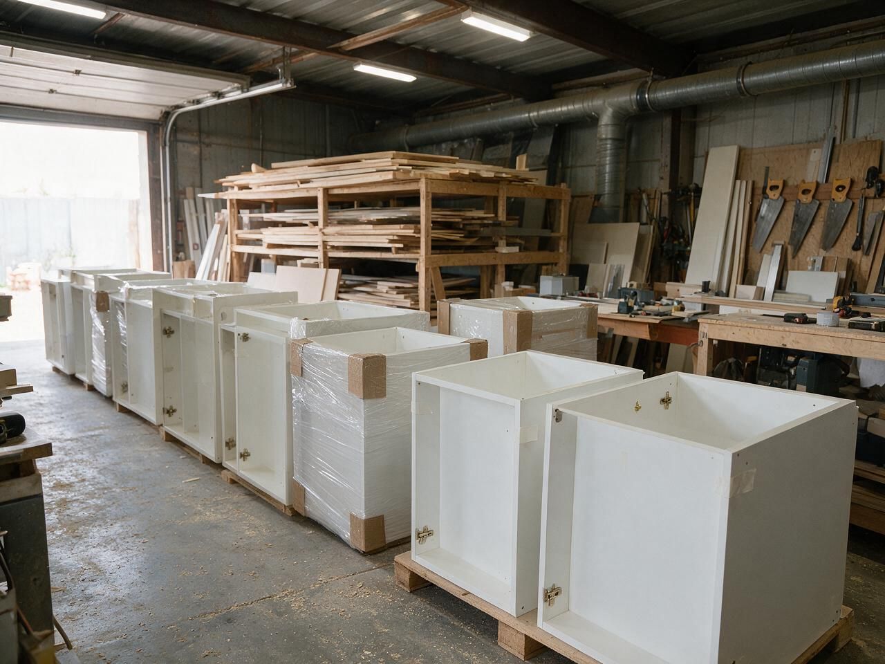 Assembled custom cabinet boxes labelled for installation