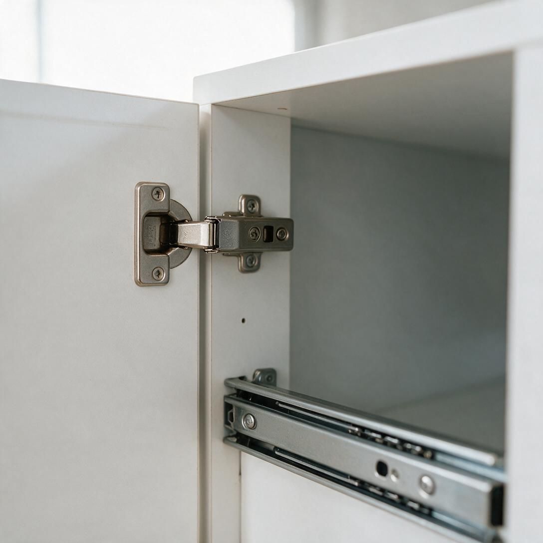 Blum soft-close hinge and drawer runner on a cabinet box