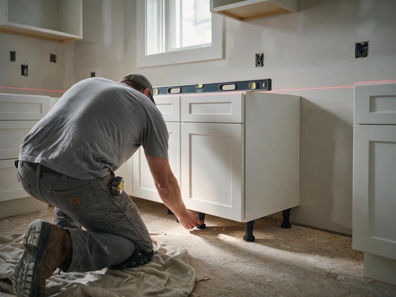 Installer levelling base cabinets during a kitchen install